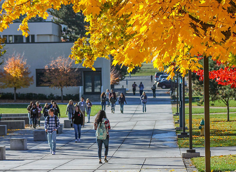 exterior of EOU with students on pathway